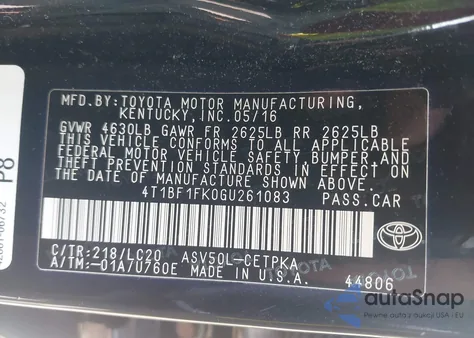 2016 Toyota Camry Xse из США, поврежденный, VIN 4T1BF1FK0GU261083